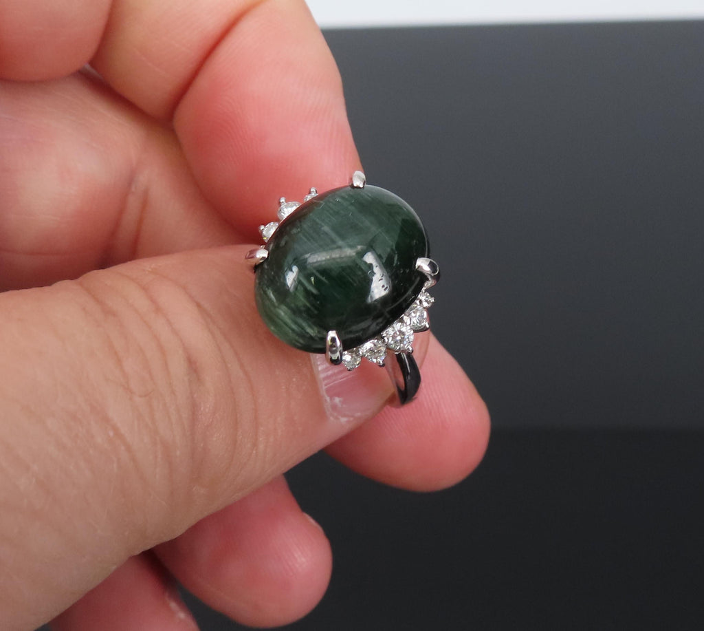 8.05ct Natural Cat's Eye Green Tourmaline 0.26ct Diamond Platinum Ring Size 6.75
