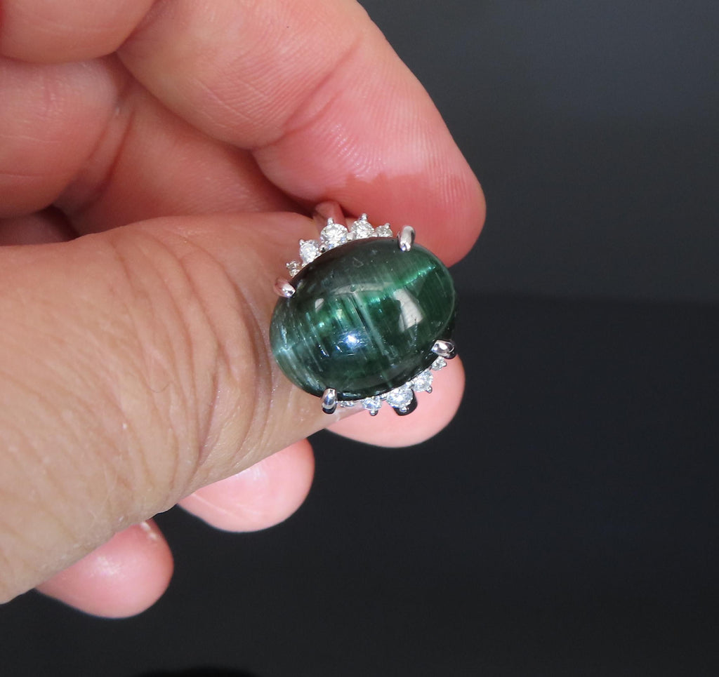 8.05ct Natural Cat's Eye Green Tourmaline 0.26ct Diamond Platinum Ring Size 6.75
