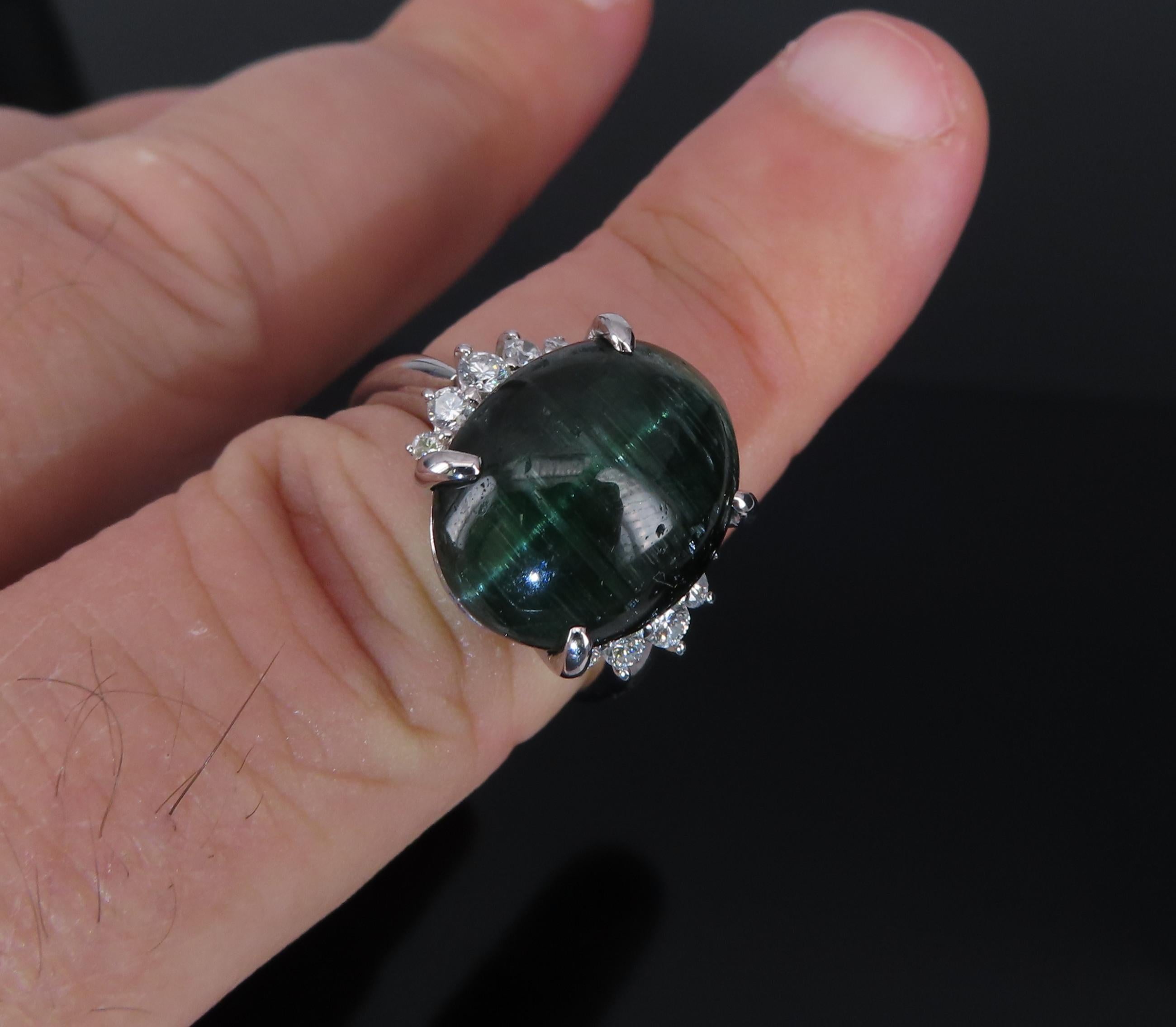 8.05ct Natural Cat's Eye Green Tourmaline 0.26ct Diamond Platinum Ring Size 6.75