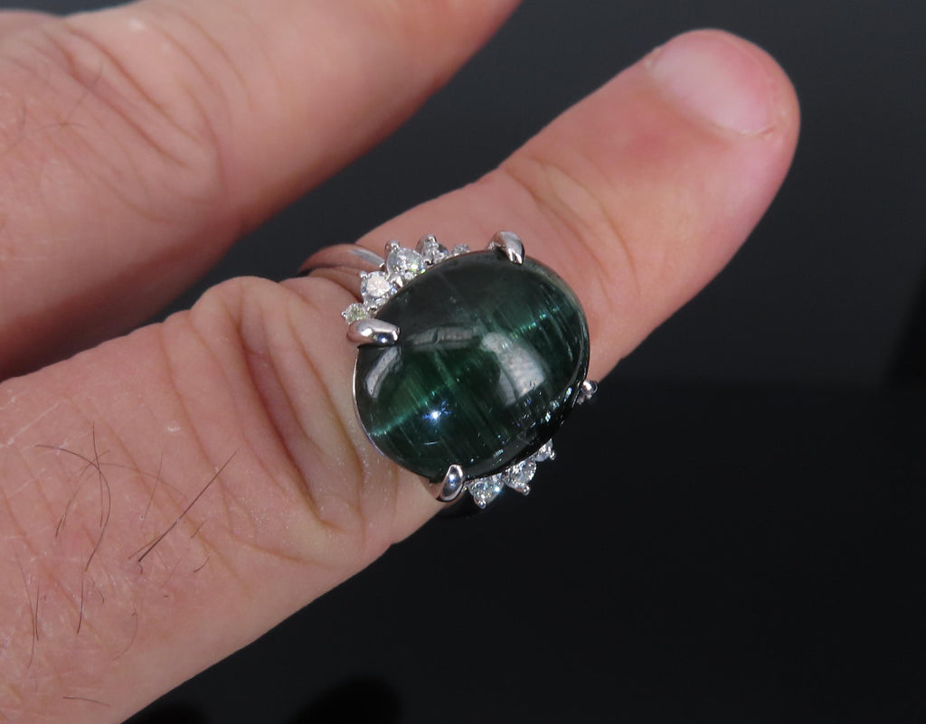 8.05ct Natural Cat's Eye Green Tourmaline 0.26ct Diamond Platinum Ring Size 6.75