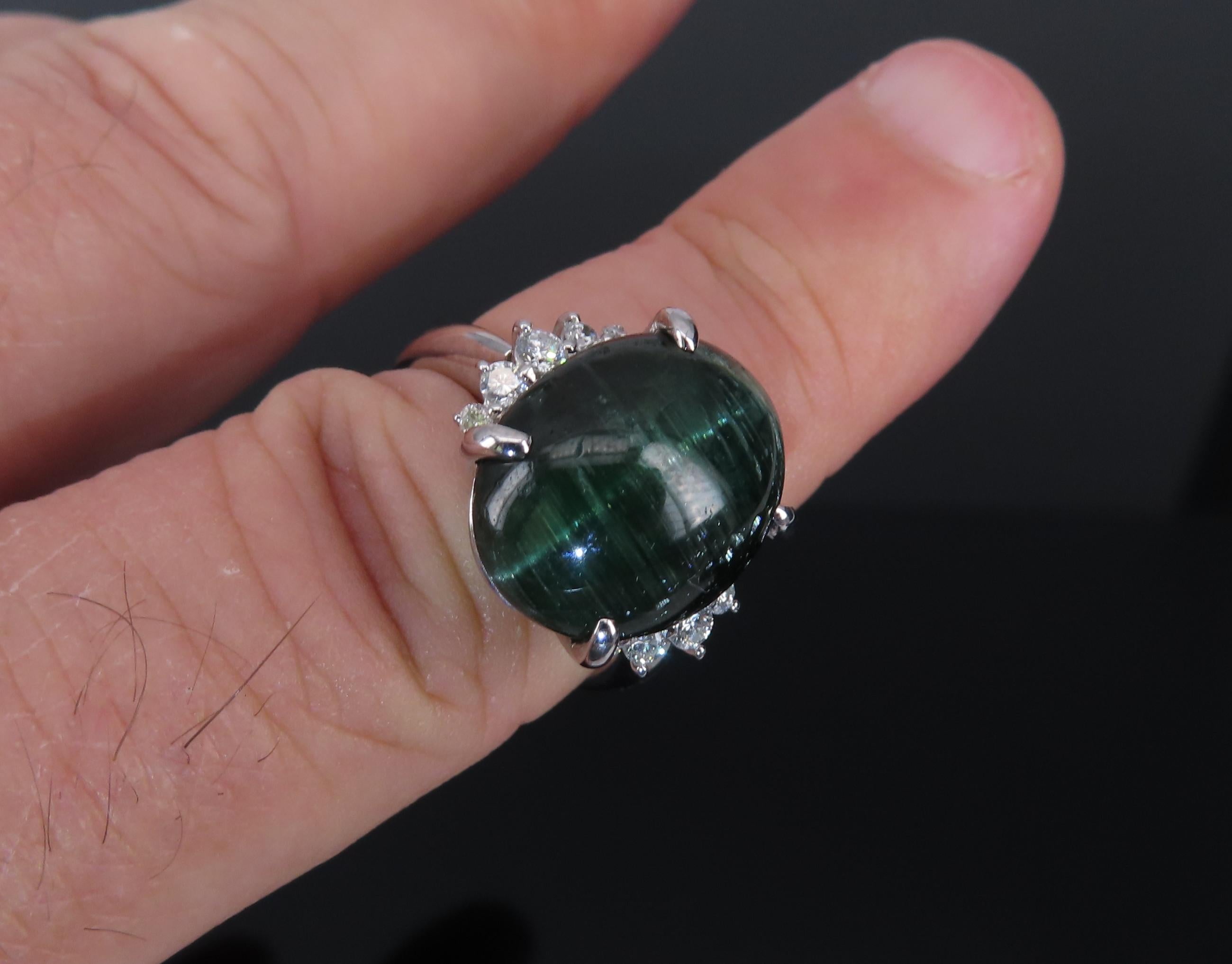 8.05ct Natural Cat's Eye Green Tourmaline 0.26ct Diamond Platinum Ring Size 6.75