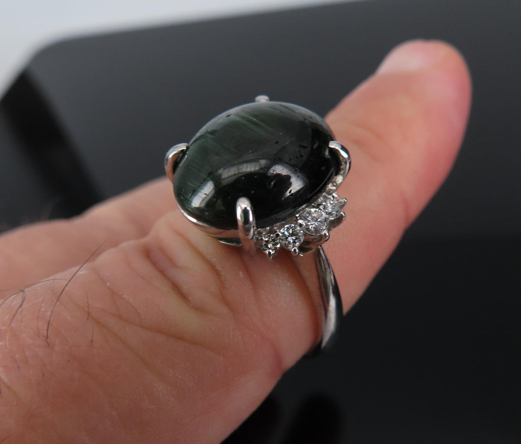8.05ct Natural Cat's Eye Green Tourmaline 0.26ct Diamond Platinum Ring Size 6.75