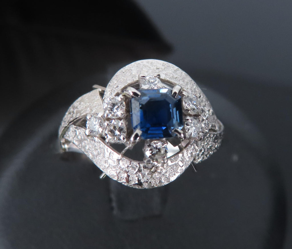 Vintage 0.41ct Square Cut Blue Sapphire 0.21ct Diamond Platinum Ring, Size 6.25