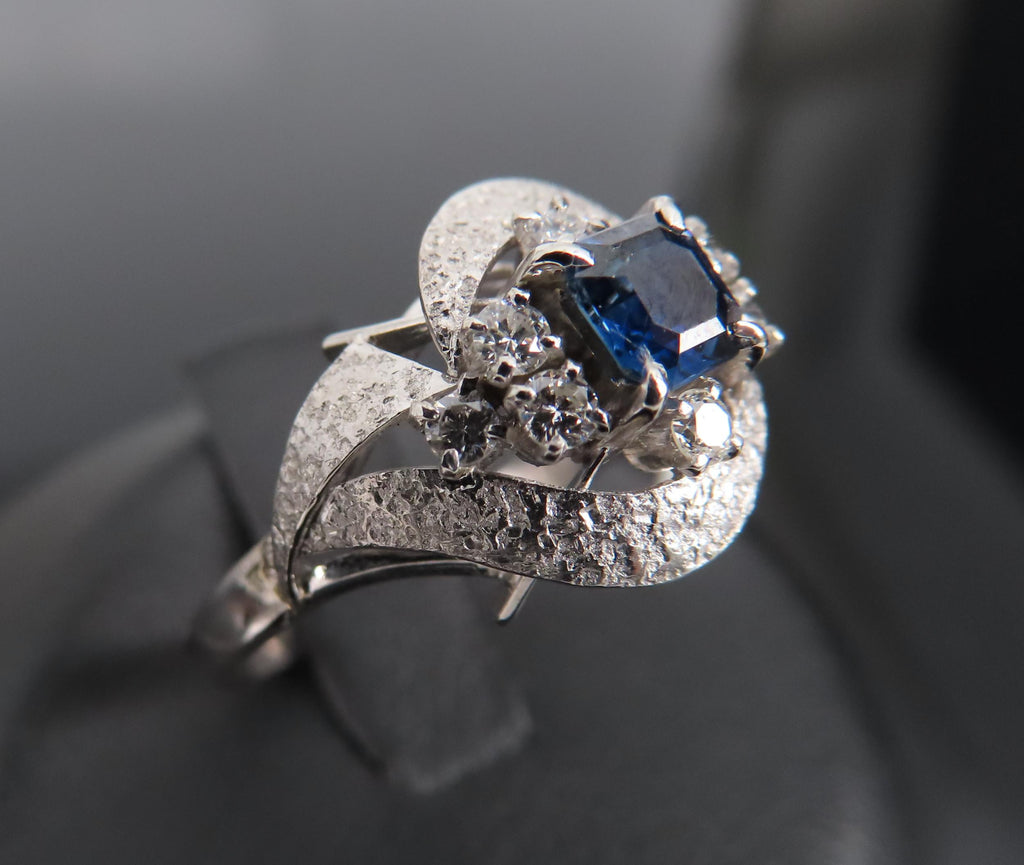 Vintage 0.41ct Square Cut Blue Sapphire 0.21ct Diamond Platinum Ring, Size 6.25