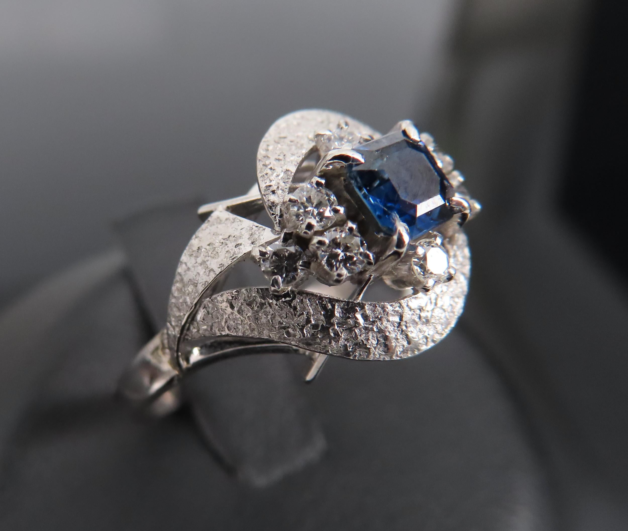 Vintage 0.41ct Square Cut Blue Sapphire 0.21ct Diamond Platinum Ring, Size 6.25