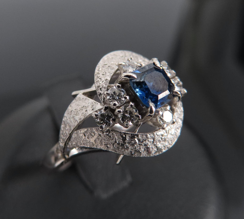 Vintage 0.41ct Square Cut Blue Sapphire 0.21ct Diamond Platinum Ring, Size 6.25