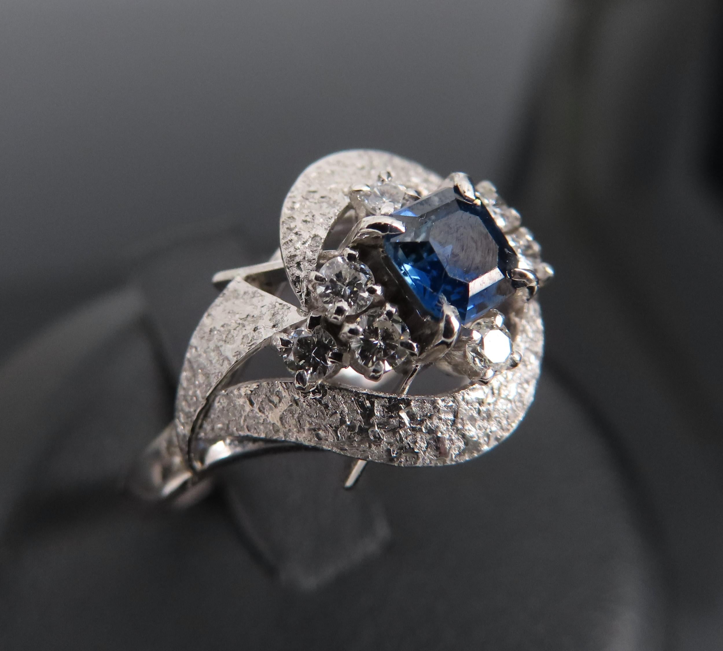 Vintage 0.41ct Square Cut Blue Sapphire 0.21ct Diamond Platinum Ring, Size 6.25