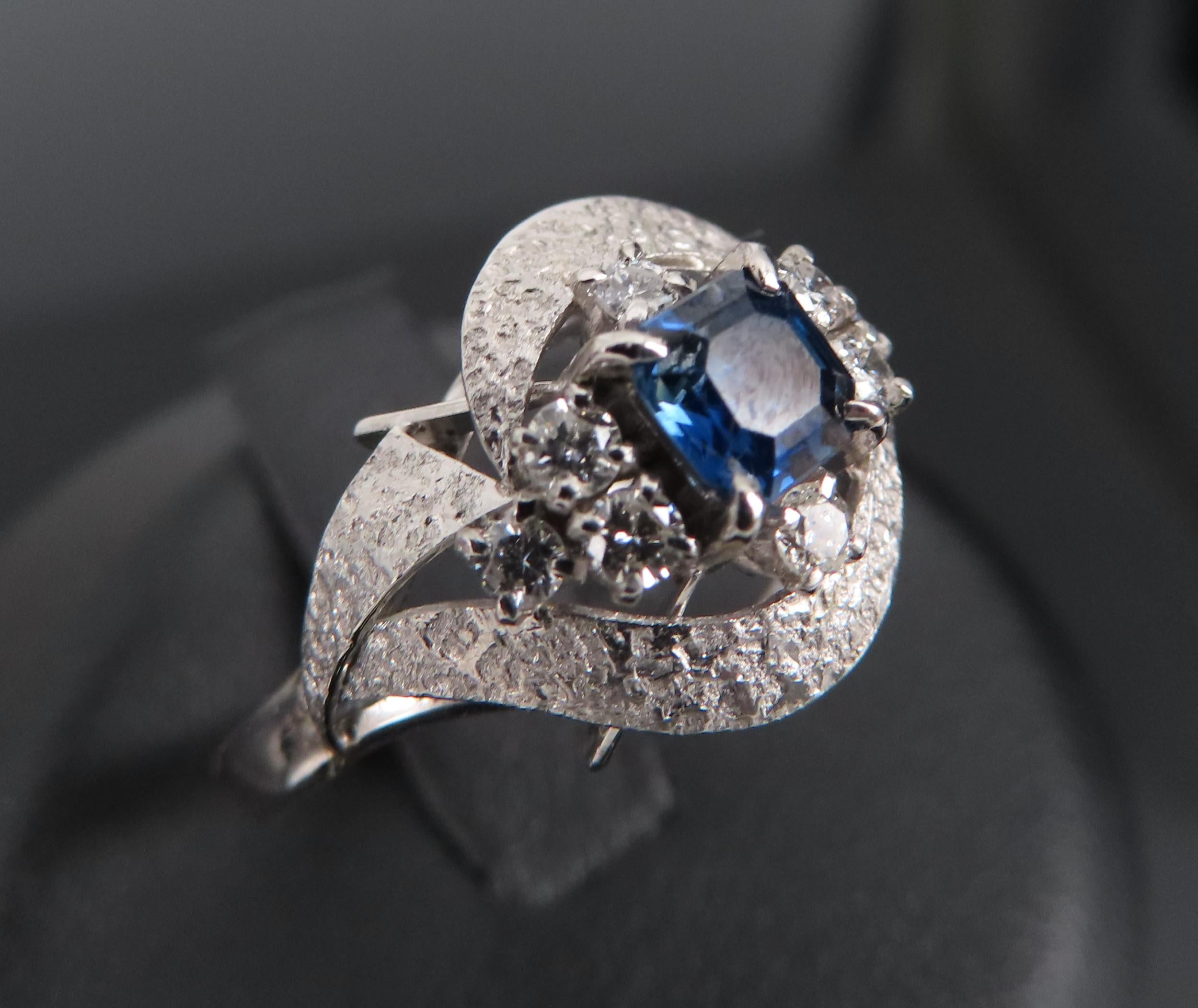 Vintage 0.41ct Square Cut Blue Sapphire 0.21ct Diamond Platinum Ring, Size 6.25