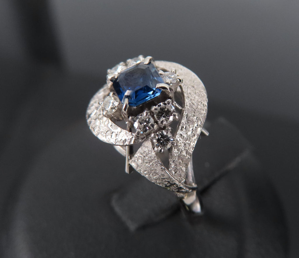Vintage 0.41ct Square Cut Blue Sapphire 0.21ct Diamond Platinum Ring, Size 6.25