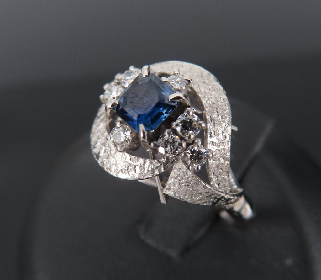 Vintage 0.41ct Square Cut Blue Sapphire 0.21ct Diamond Platinum Ring, Size 6.25