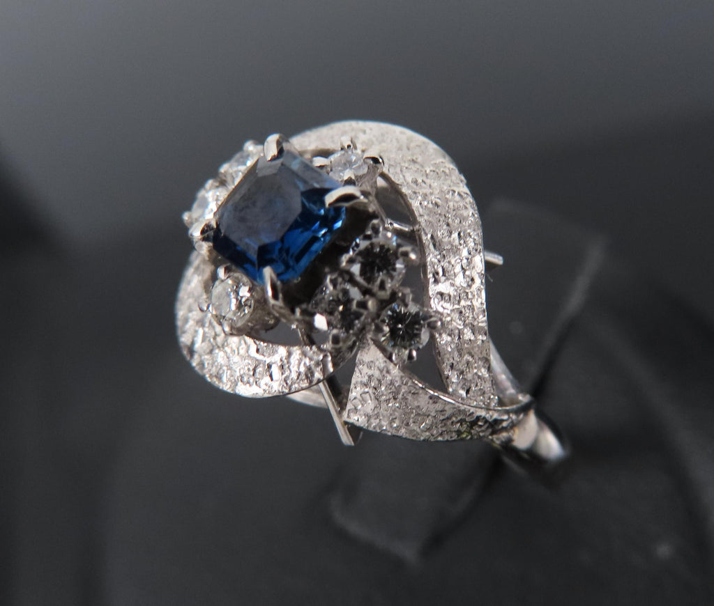 Vintage 0.41ct Square Cut Blue Sapphire 0.21ct Diamond Platinum Ring, Size 6.25