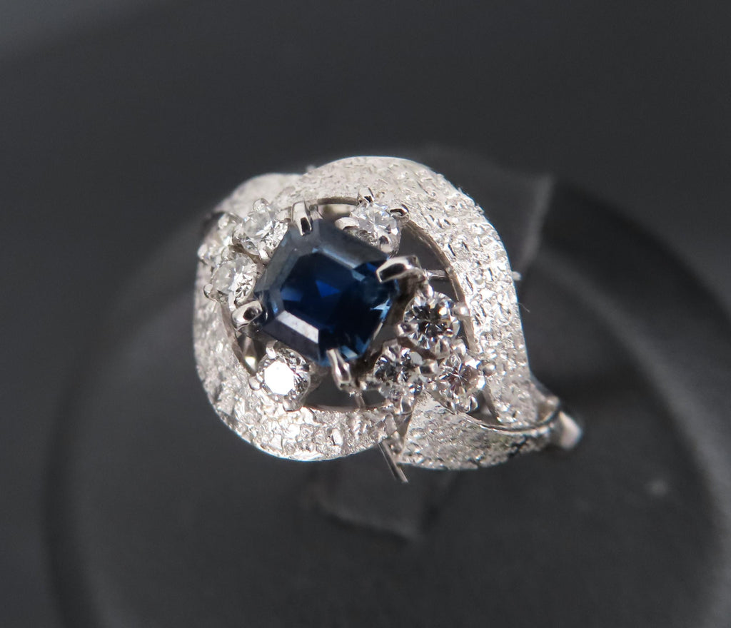 Vintage 0.41ct Square Cut Blue Sapphire 0.21ct Diamond Platinum Ring, Size 6.25