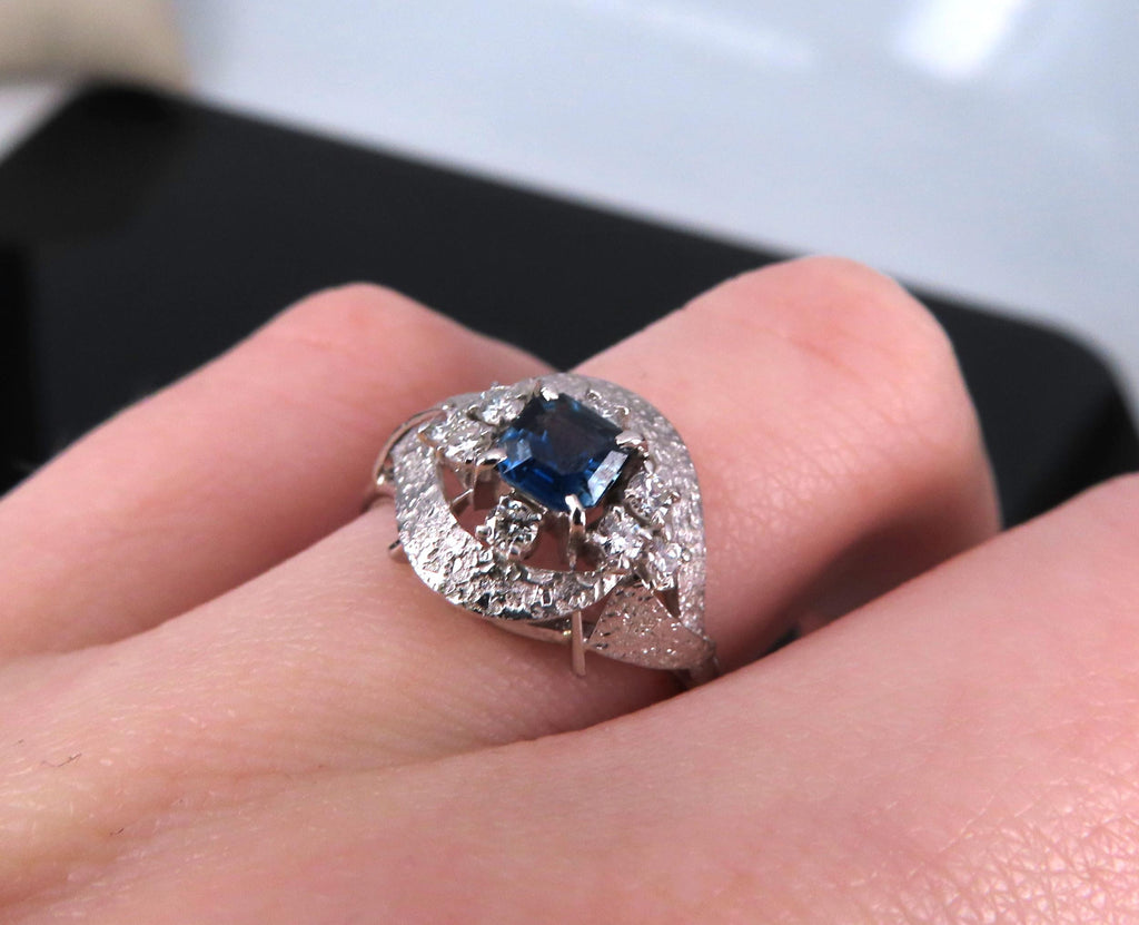 Vintage 0.41ct Square Cut Blue Sapphire 0.21ct Diamond Platinum Ring, Size 6.25