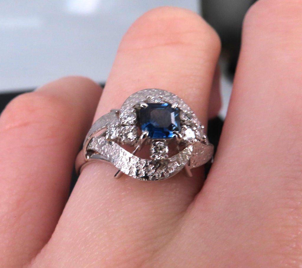 Vintage 0.41ct Square Cut Blue Sapphire 0.21ct Diamond Platinum Ring, Size 6.25