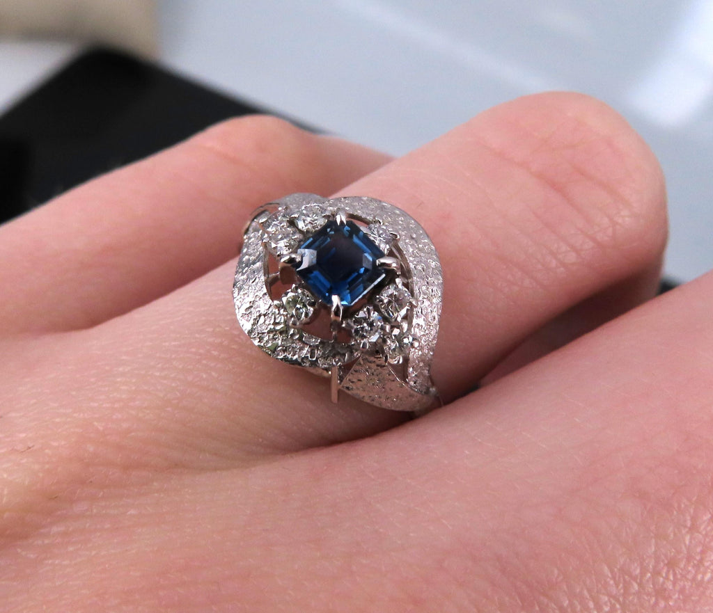 Vintage 0.41ct Square Cut Blue Sapphire 0.21ct Diamond Platinum Ring, Size 6.25