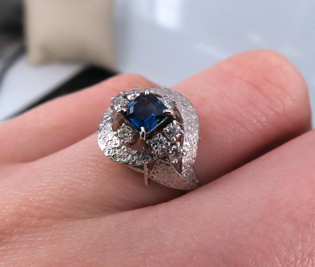 Vintage 0.41ct Square Cut Blue Sapphire 0.21ct Diamond Platinum Ring, Size 6.25
