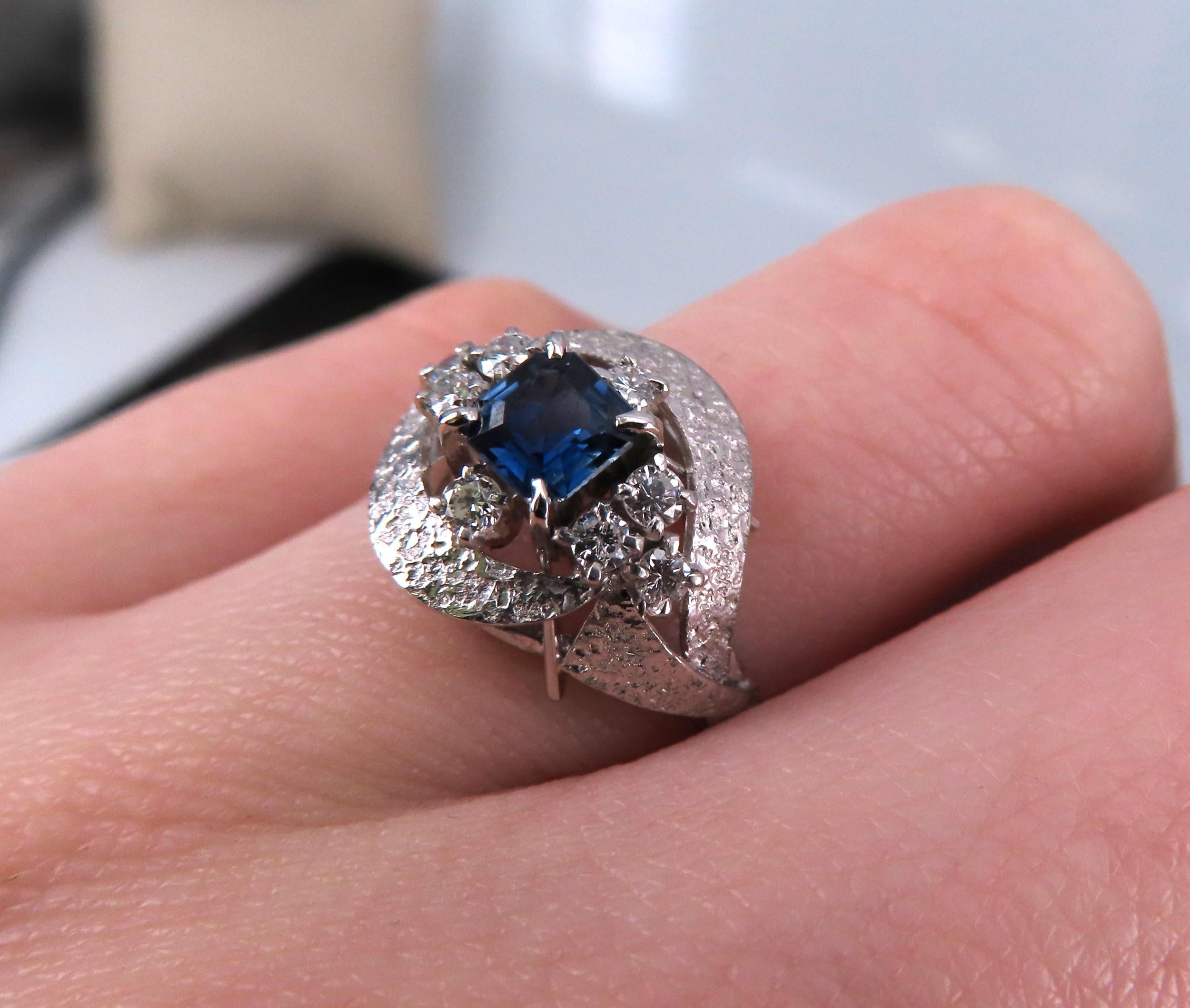 Vintage 0.41ct Square Cut Blue Sapphire 0.21ct Diamond Platinum Ring, Size 6.25