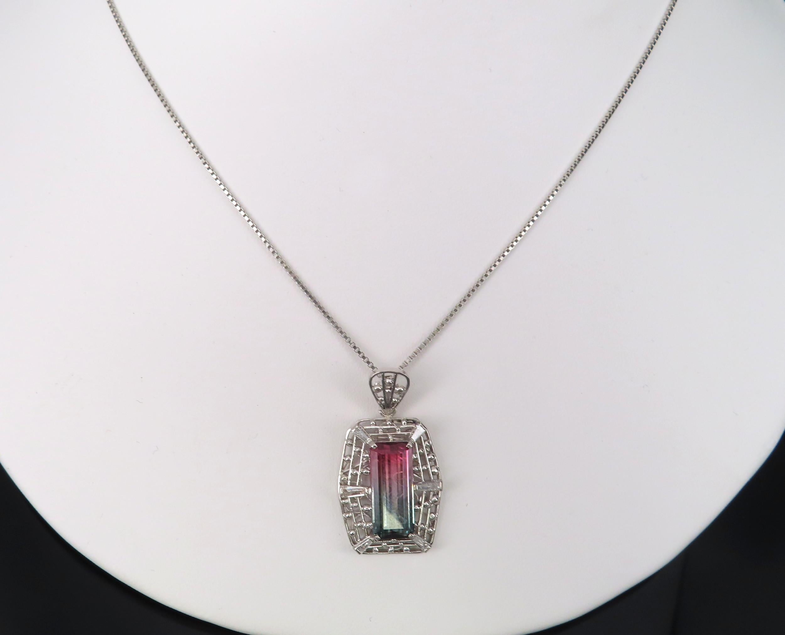 5.04ct Natural Watermelon Tourmaline & 0.56ct Diamond Handmade Platinum Necklace