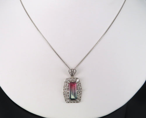 5.04ct Natural Watermelon Tourmaline & 0.56ct Diamond Handmade Platinum Necklace