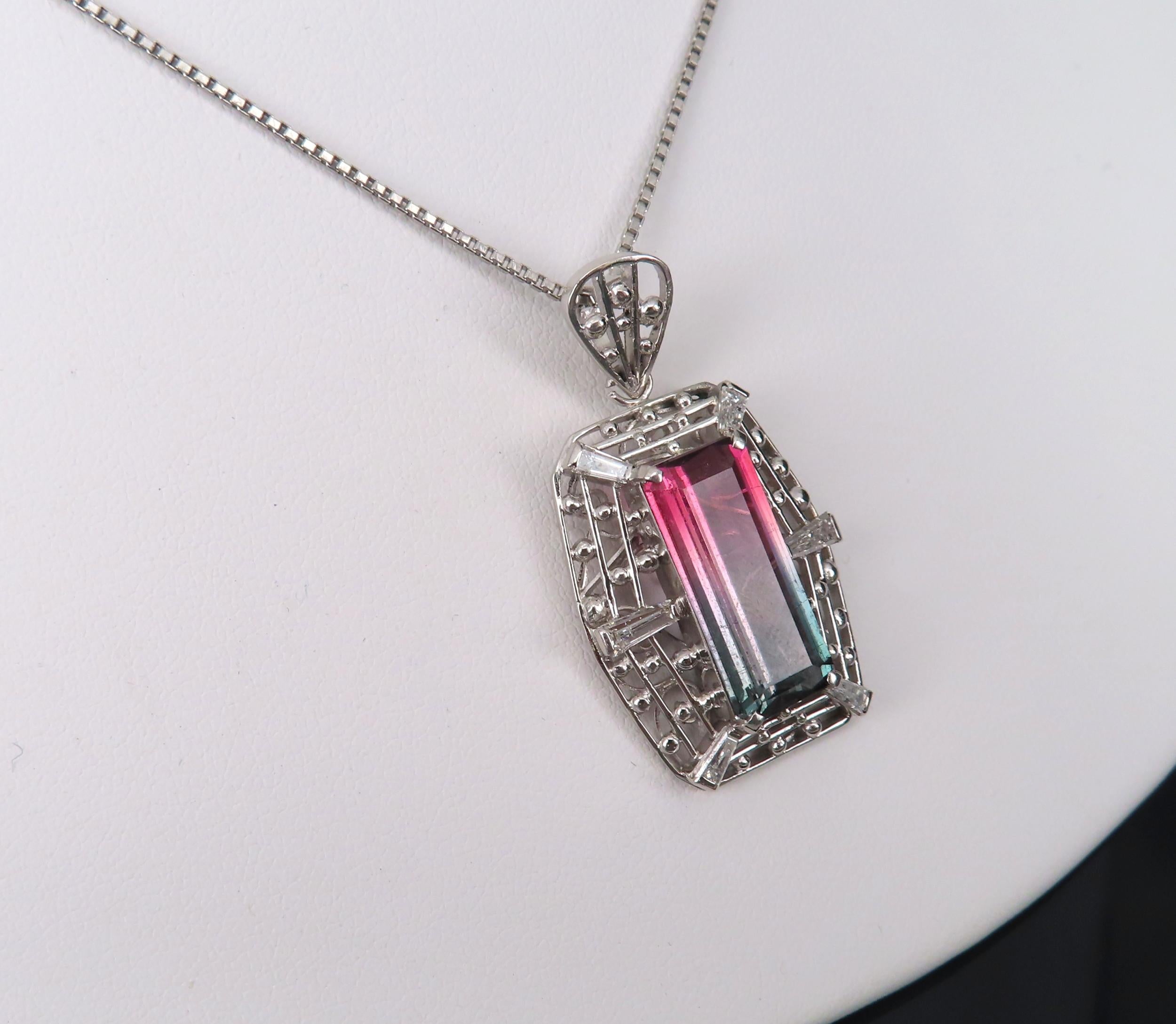 5.04ct Natural Watermelon Tourmaline & 0.56ct Diamond Handmade Platinum Necklace