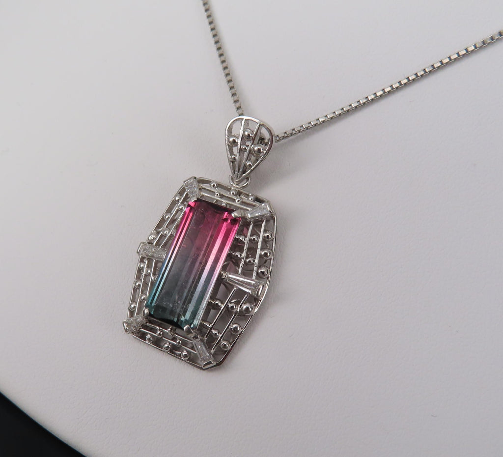 5.04ct Natural Watermelon Tourmaline & 0.56ct Diamond Handmade Platinum Necklace