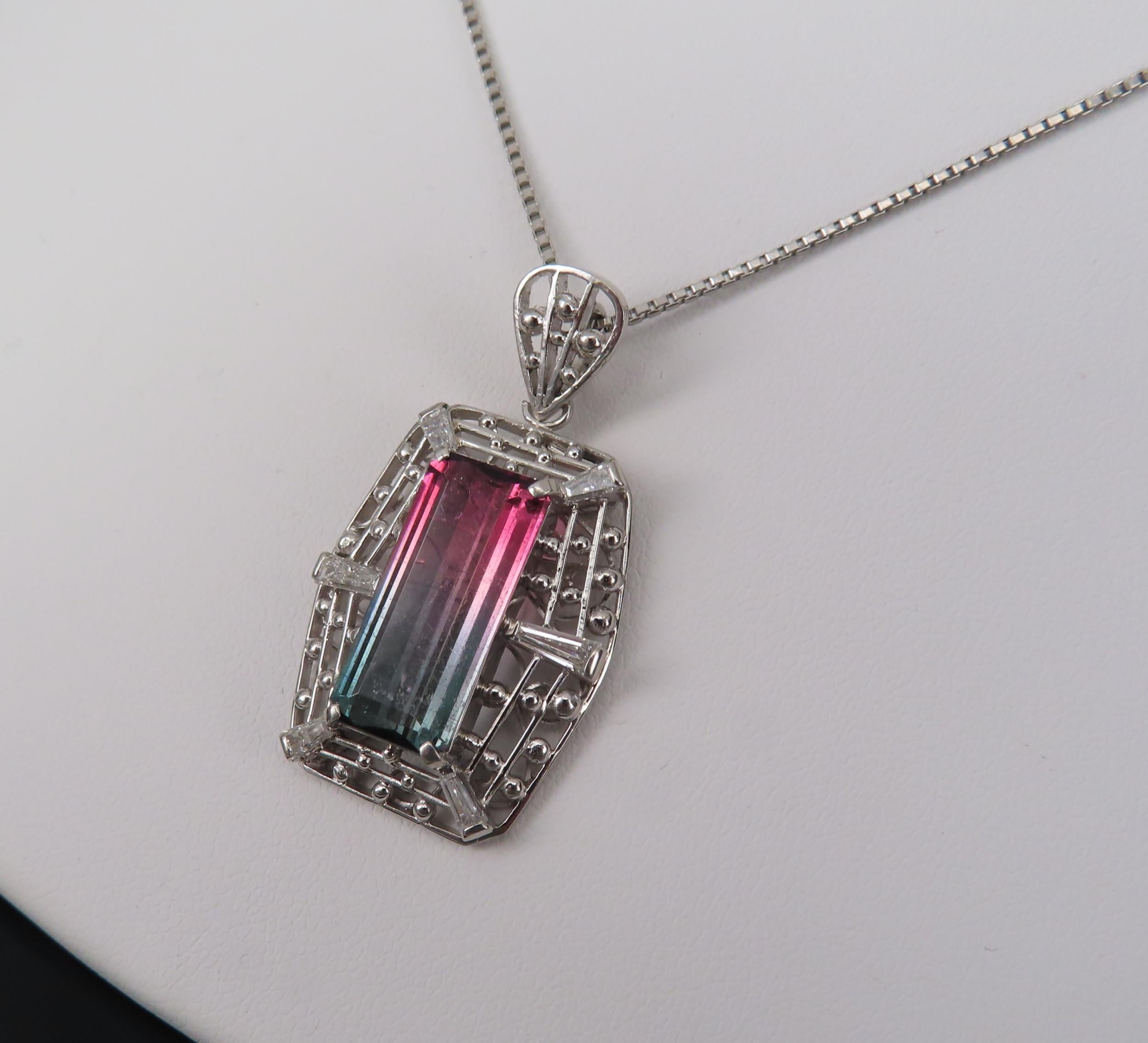 5.04ct Natural Watermelon Tourmaline & 0.56ct Diamond Handmade Platinum Necklace