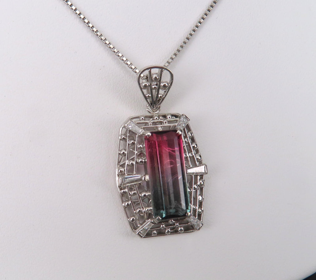5.04ct Natural Watermelon Tourmaline & 0.56ct Diamond Handmade Platinum Necklace