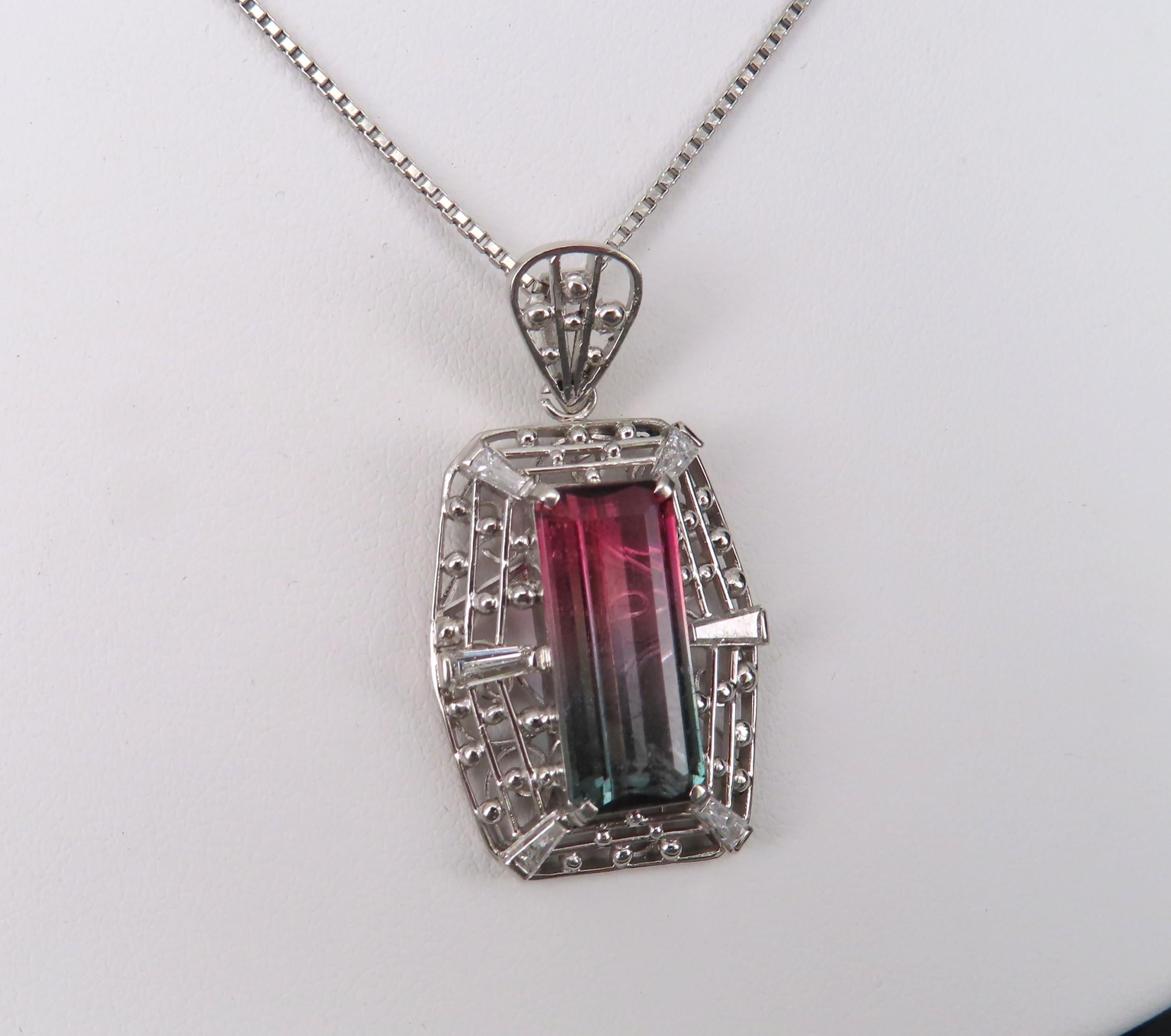 5.04ct Natural Watermelon Tourmaline & 0.56ct Diamond Handmade Platinum Necklace