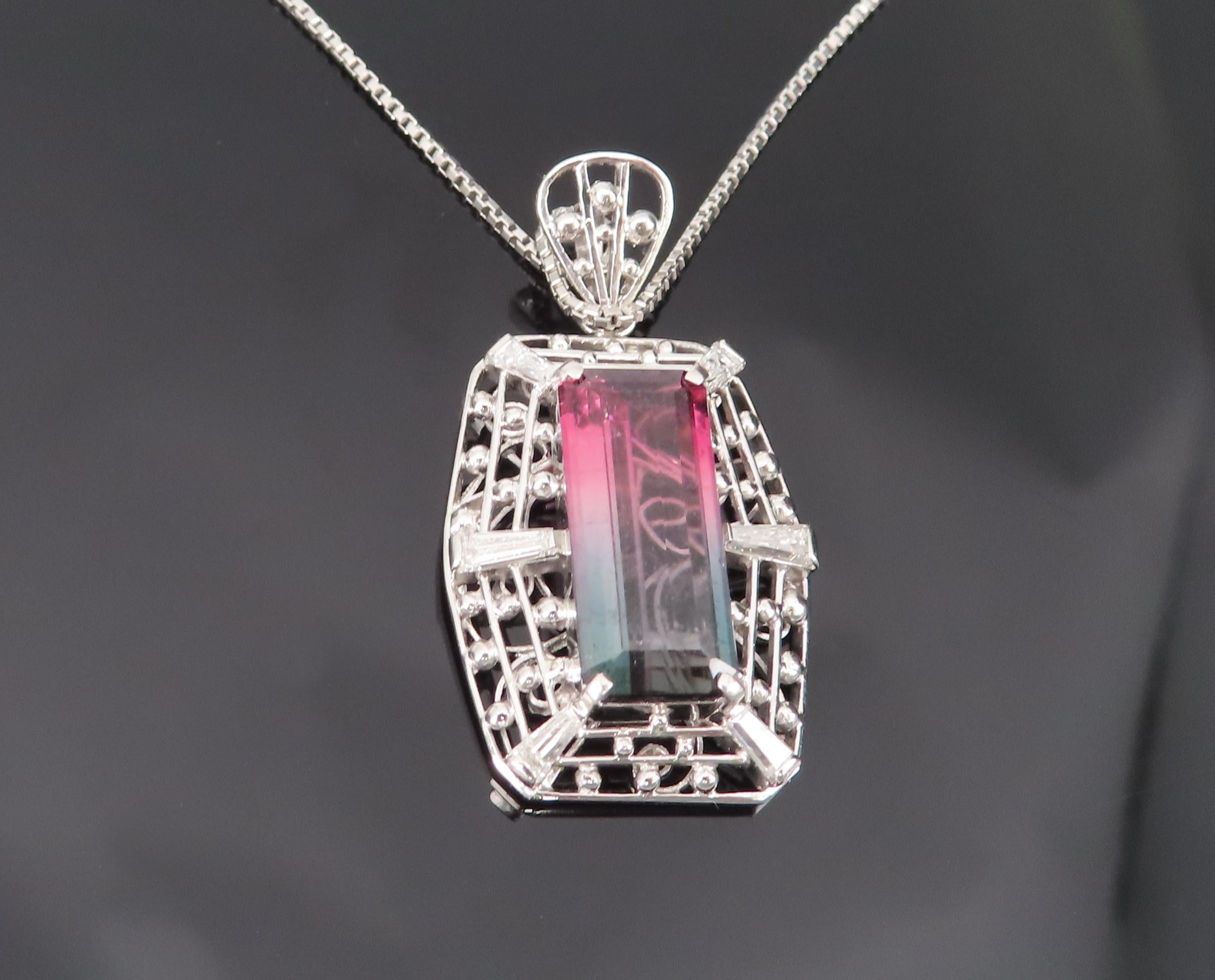 5.04ct Natural Watermelon Tourmaline & 0.56ct Diamond Handmade Platinum Necklace