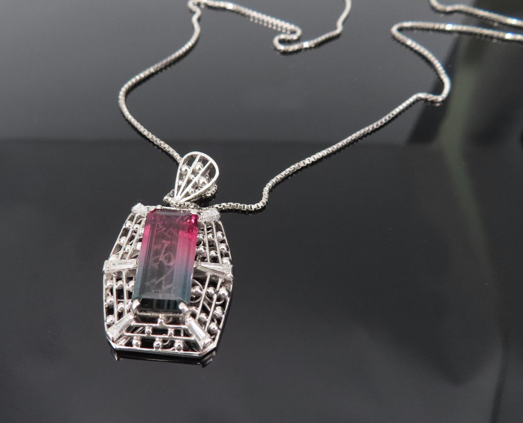 5.04ct Natural Watermelon Tourmaline & 0.56ct Diamond Handmade Platinum Necklace