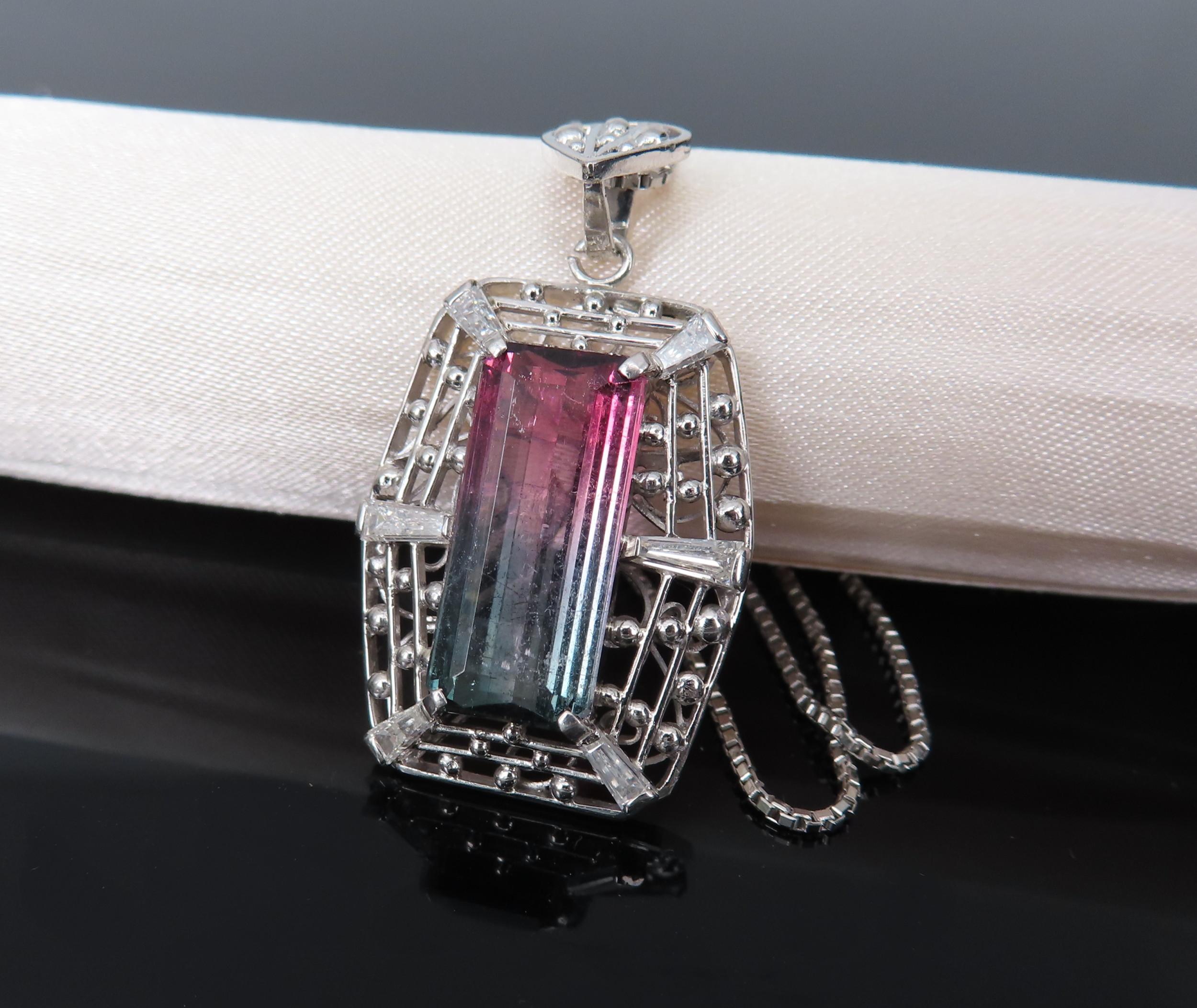 5.04ct Natural Watermelon Tourmaline & 0.56ct Diamond Handmade Platinum Necklace