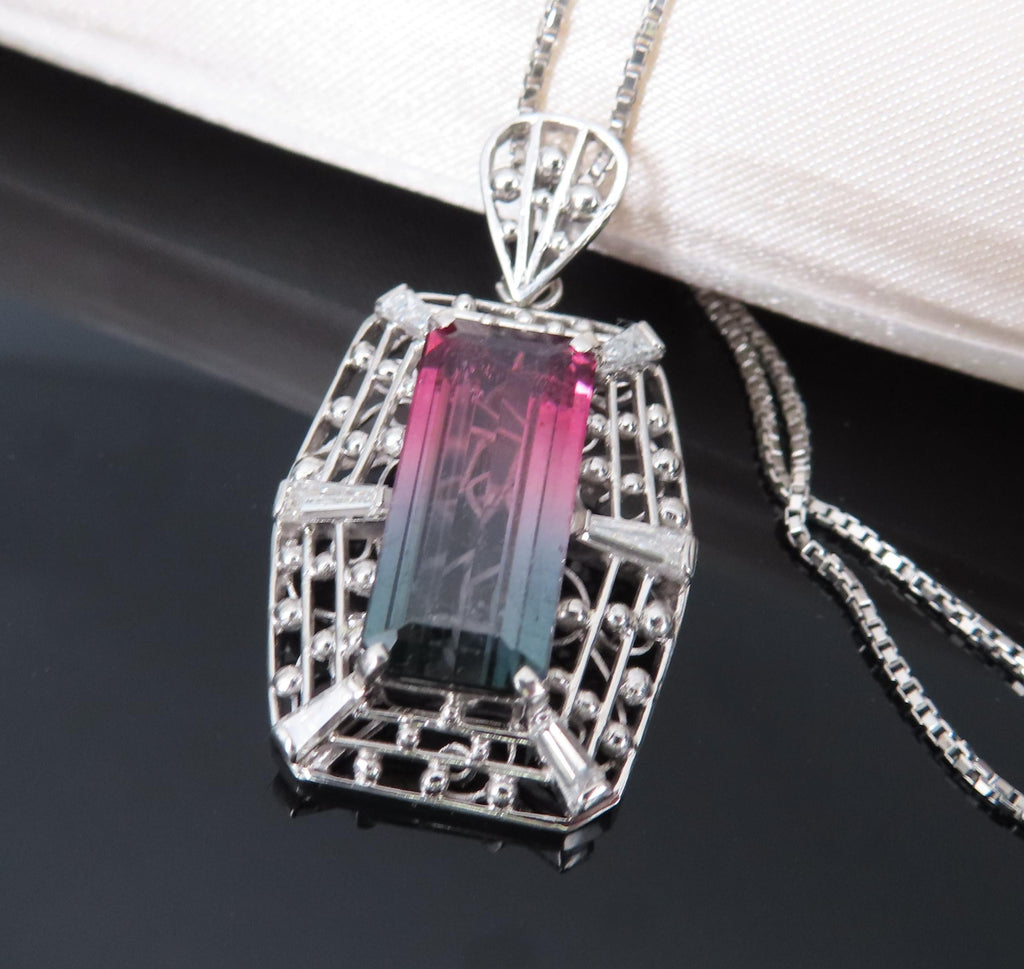 5.04ct Natural Watermelon Tourmaline & 0.56ct Diamond Handmade Platinum Necklace