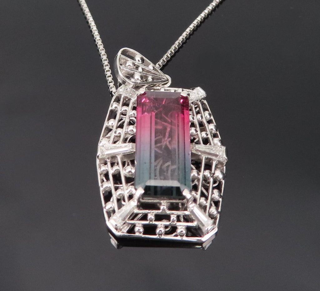 5.04ct Natural Watermelon Tourmaline & 0.56ct Diamond Handmade Platinum Necklace