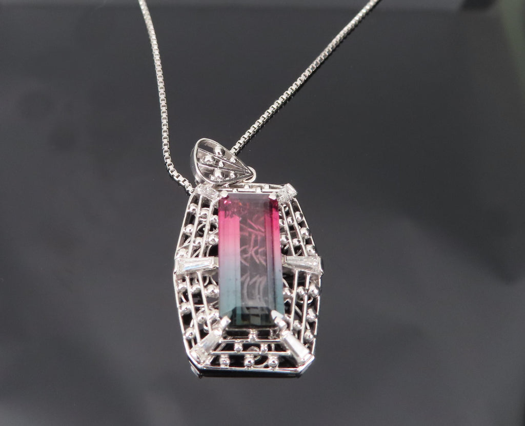 5.04ct Natural Watermelon Tourmaline & 0.56ct Diamond Handmade Platinum Necklace