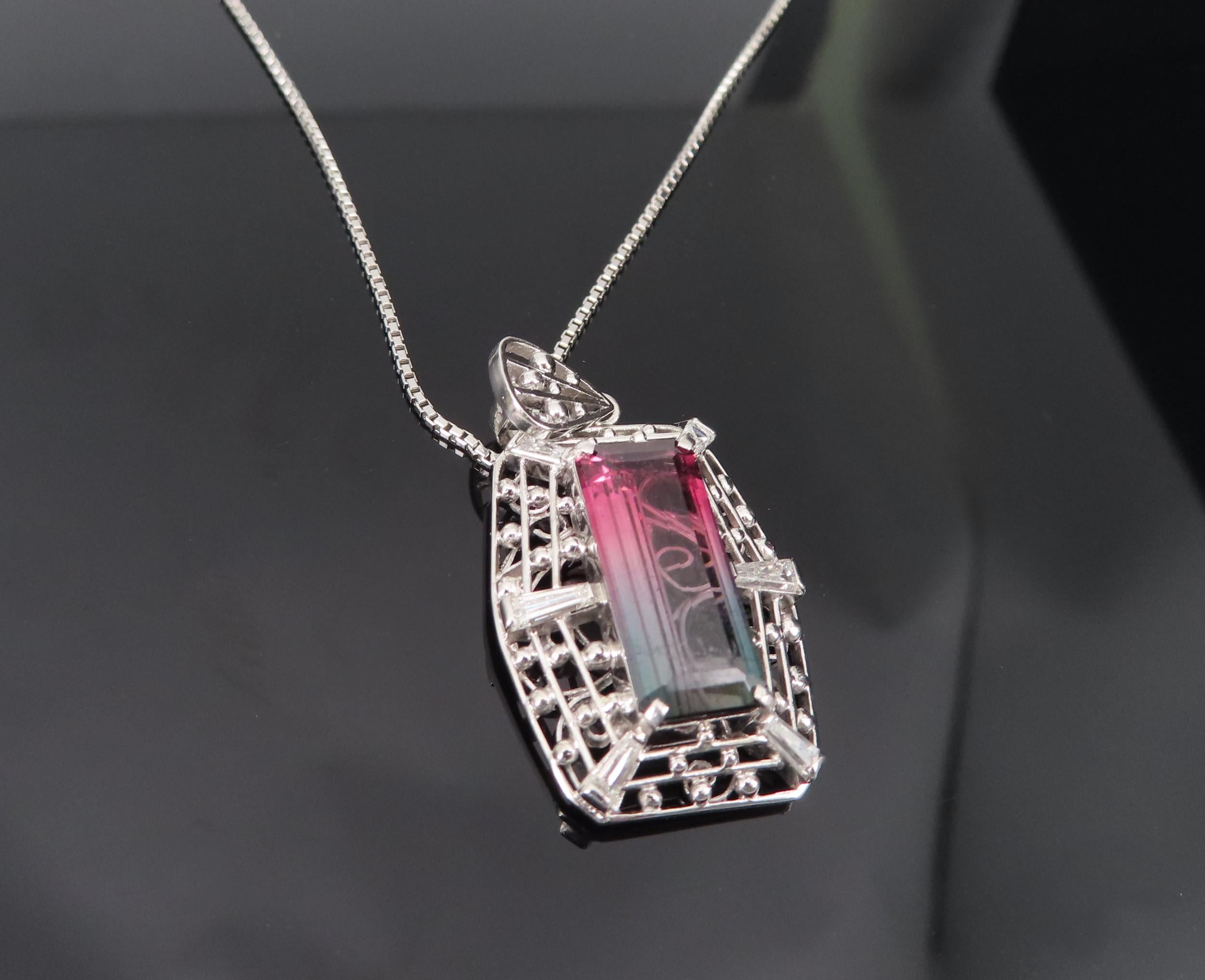 5.04ct Natural Watermelon Tourmaline & 0.56ct Diamond Handmade Platinum Necklace