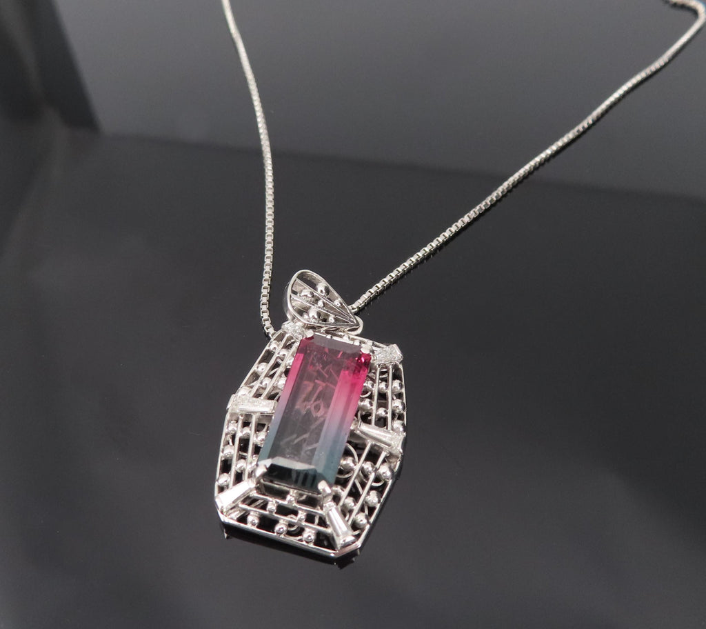 5.04ct Natural Watermelon Tourmaline & 0.56ct Diamond Handmade Platinum Necklace