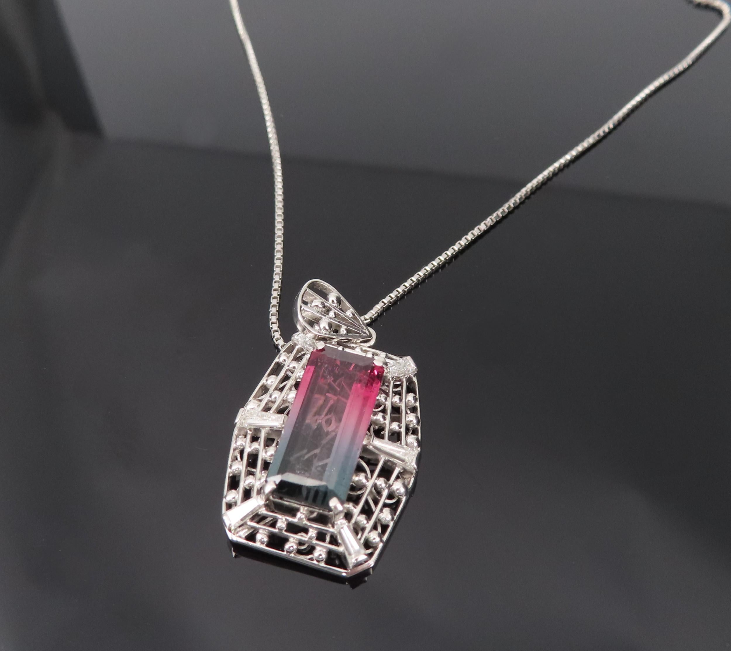 5.04ct Natural Watermelon Tourmaline & 0.56ct Diamond Handmade Platinum Necklace