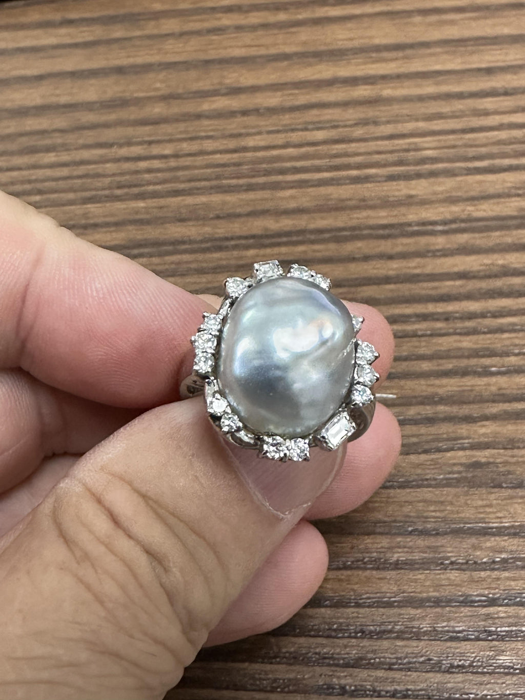 Vintage 15.7mm Baroque Pearl & 0.70ct Diamond Platinum Halo Ring, Size 6.25