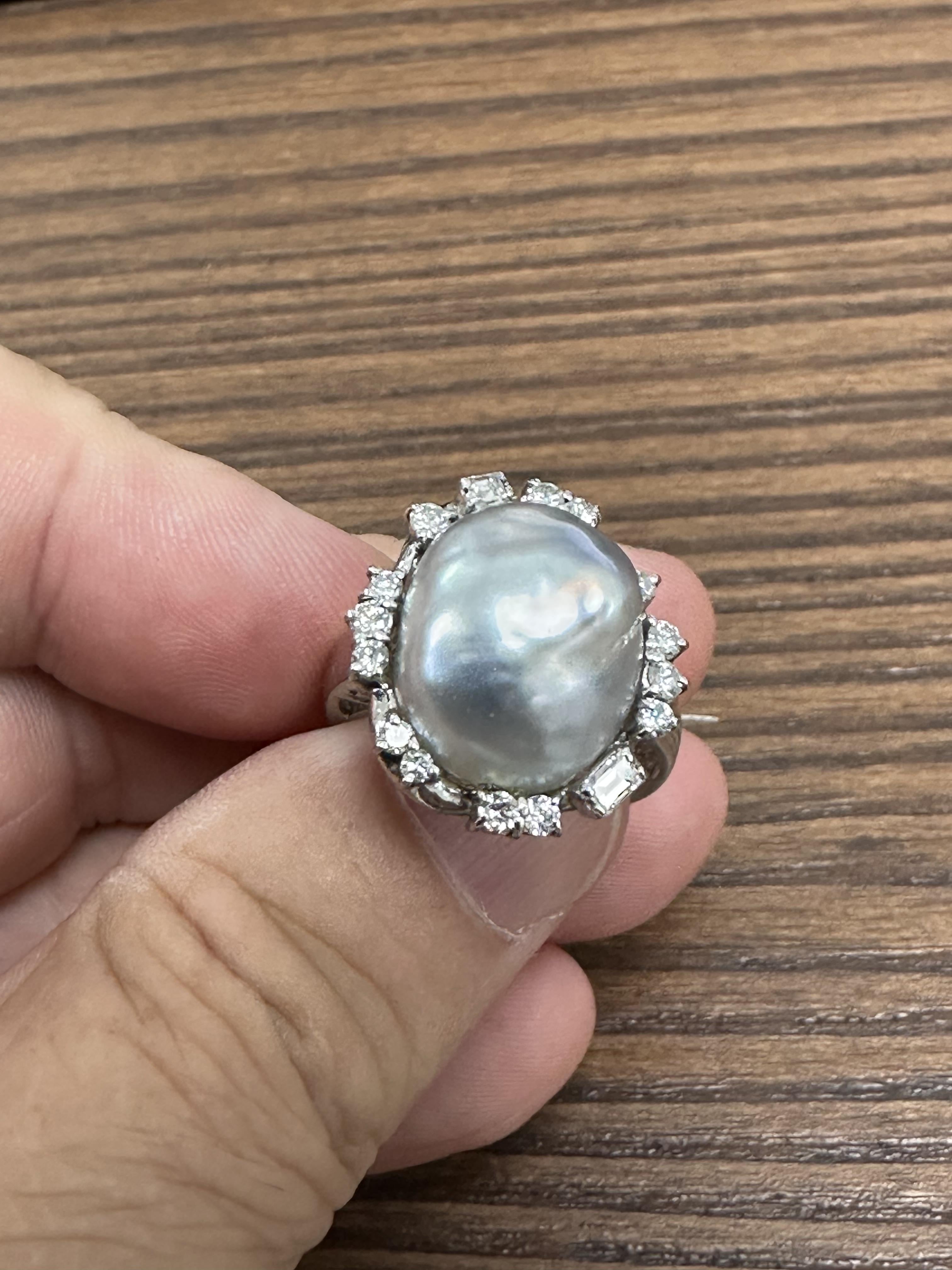 Vintage 15.7mm Baroque Pearl & 0.70ct Diamond Platinum Halo Ring, Size 6.25