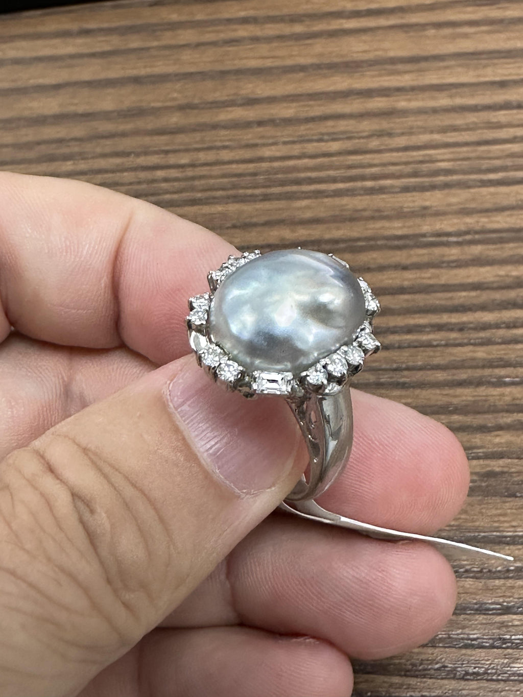 Vintage 15.7mm Baroque Pearl & 0.70ct Diamond Platinum Halo Ring, Size 6.25