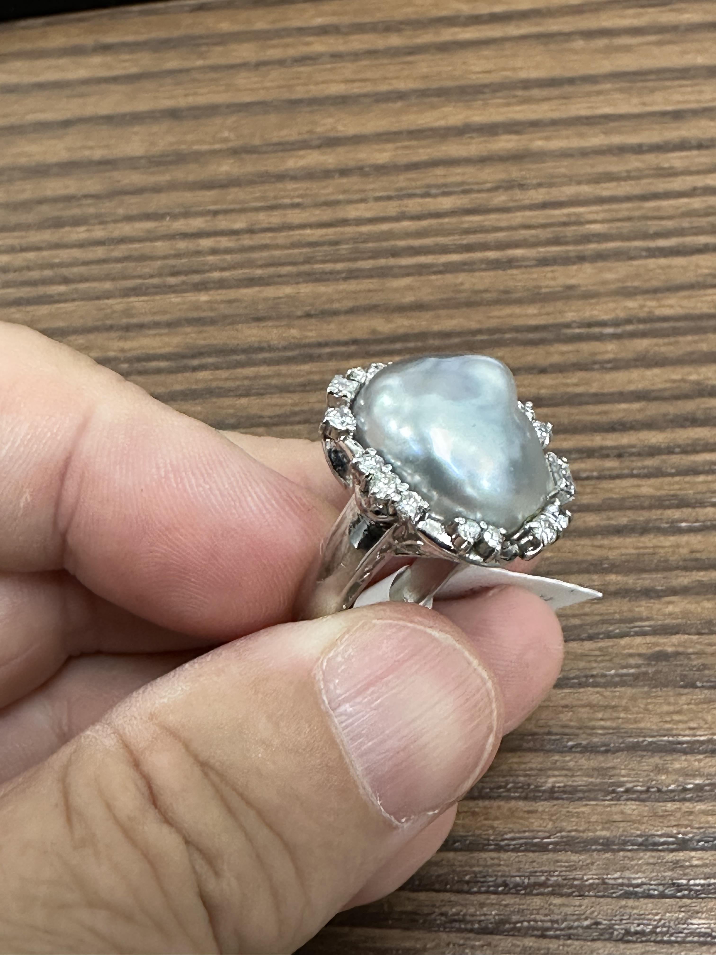 Vintage 15.7mm Baroque Pearl & 0.70ct Diamond Platinum Halo Ring, Size 6.25