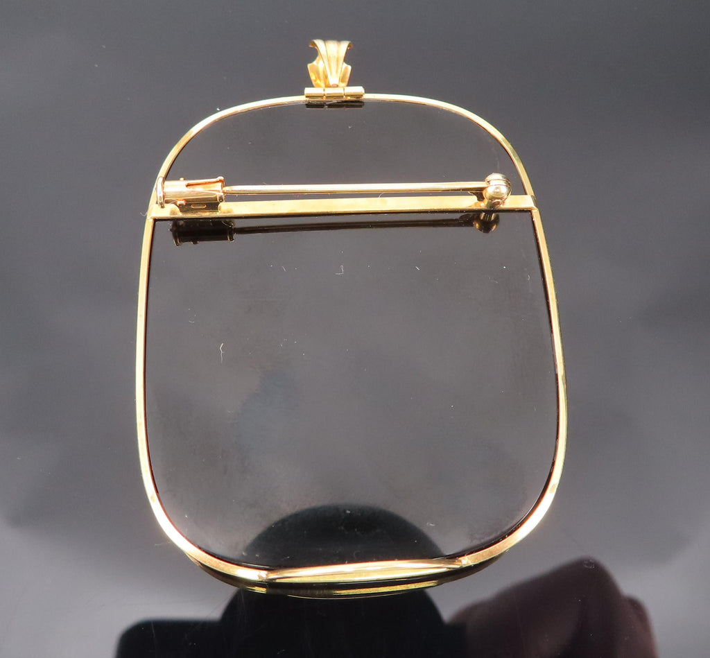 Vintage Agate Cameo Mother of Pearl & Onyx 18K Gold Pendant Brooch 24.1gr