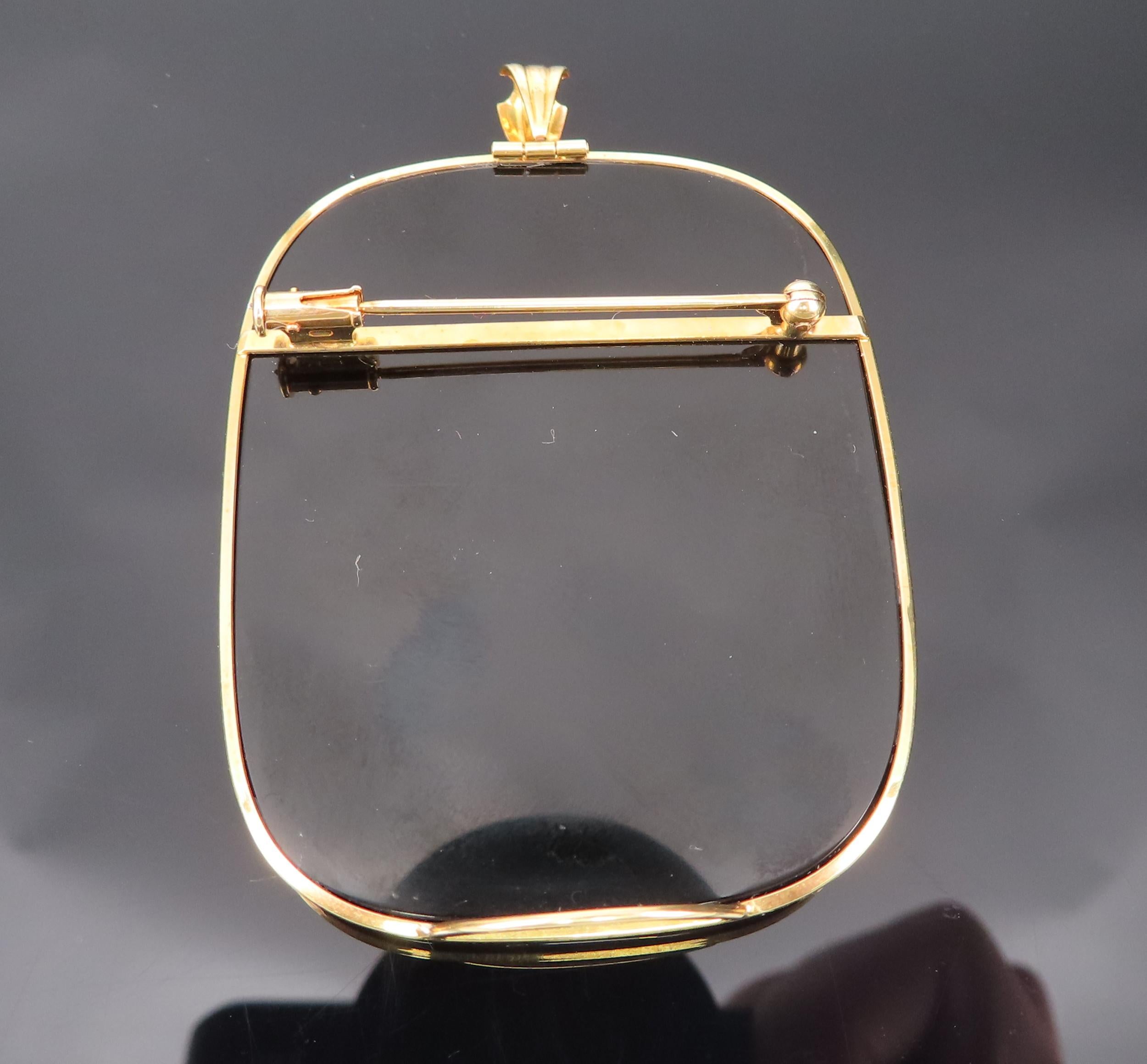 Vintage Agate Cameo Mother of Pearl & Onyx 18K Gold Pendant Brooch 24.1gr