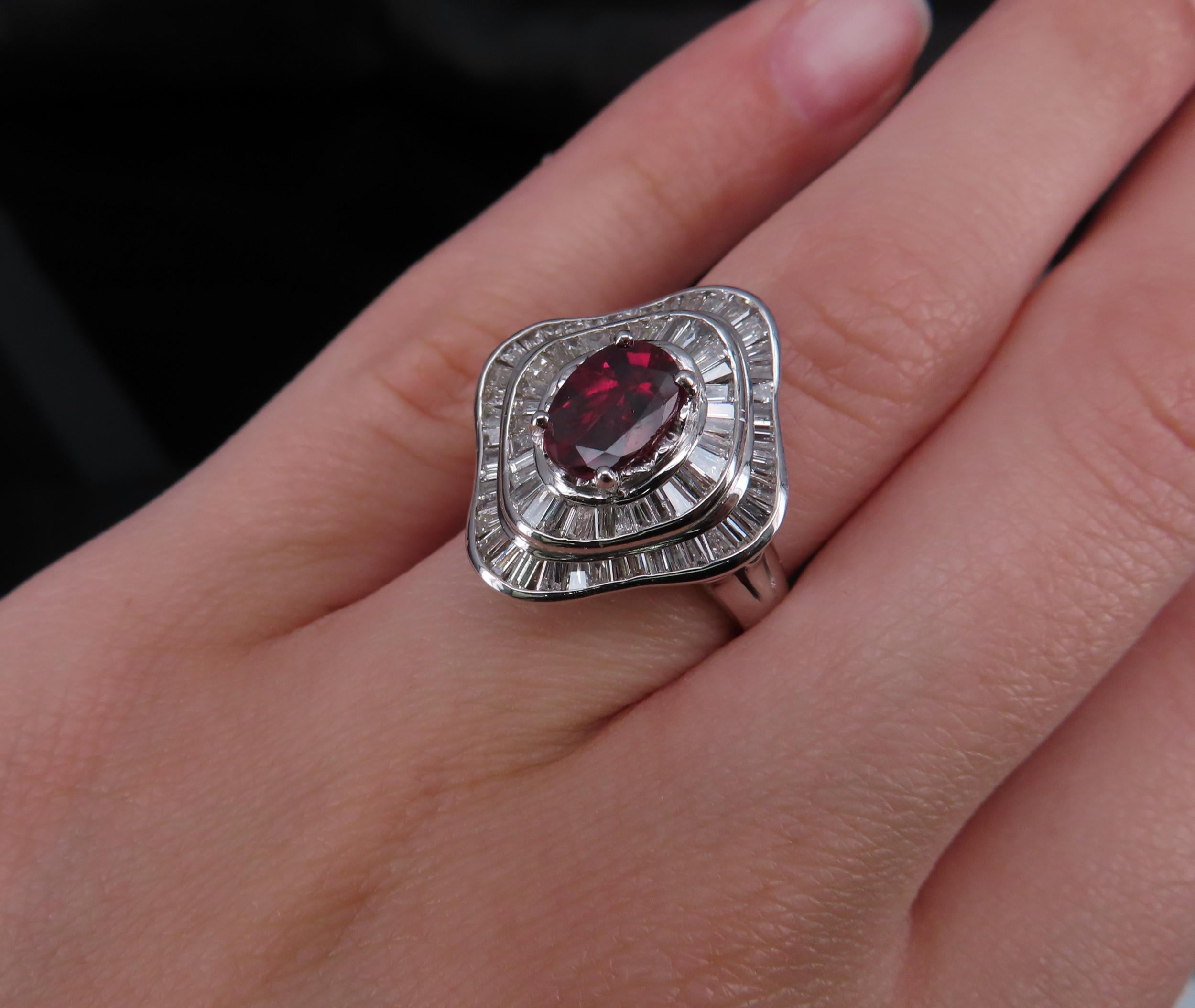 1.38ct GIA Thai No Heat Ruby & 1.43ct Diamond Platinum Cocktail Ring, Size 6.5