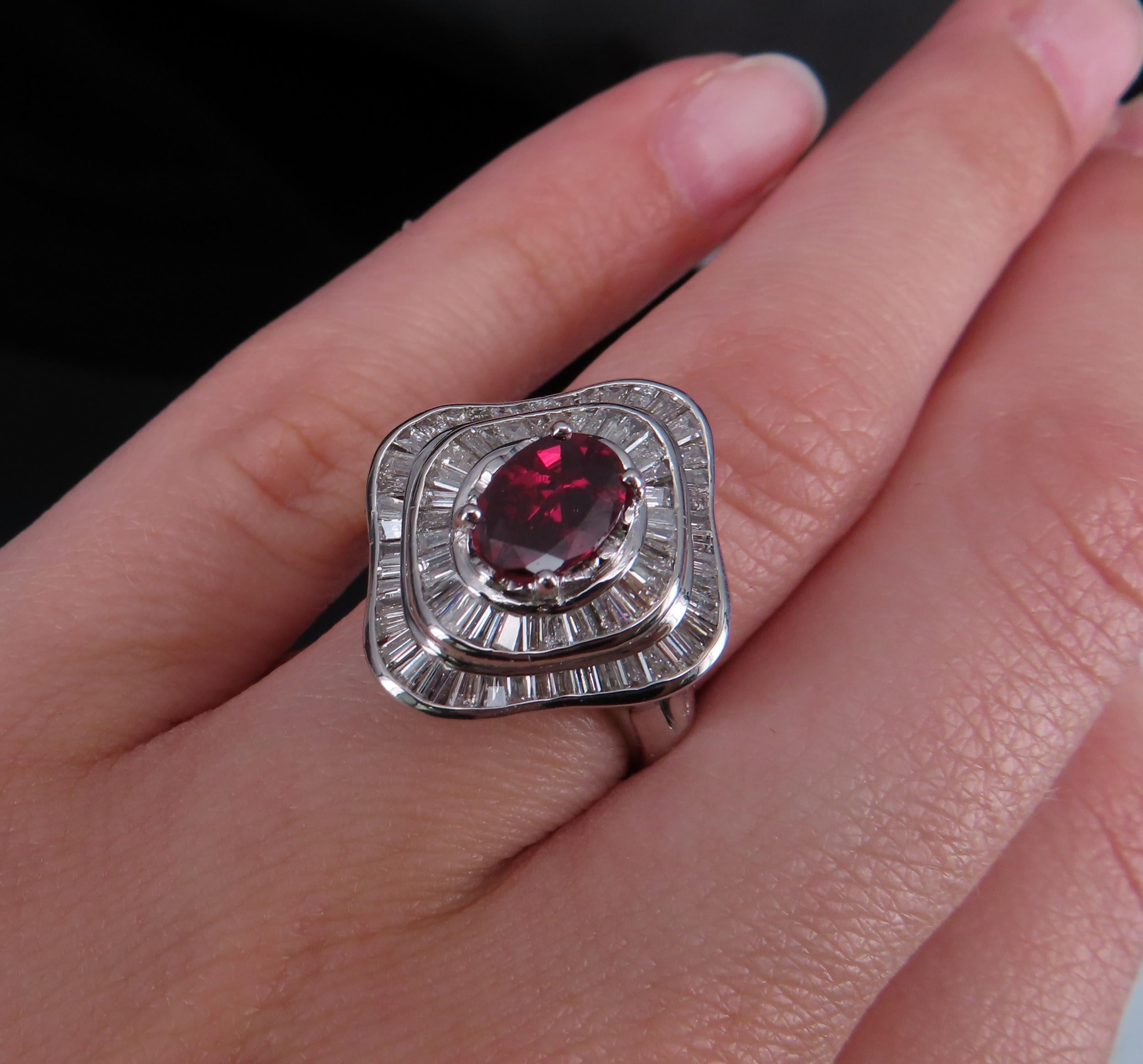 1.38ct GIA Thai No Heat Ruby & 1.43ct Diamond Platinum Cocktail Ring, Size 6.5
