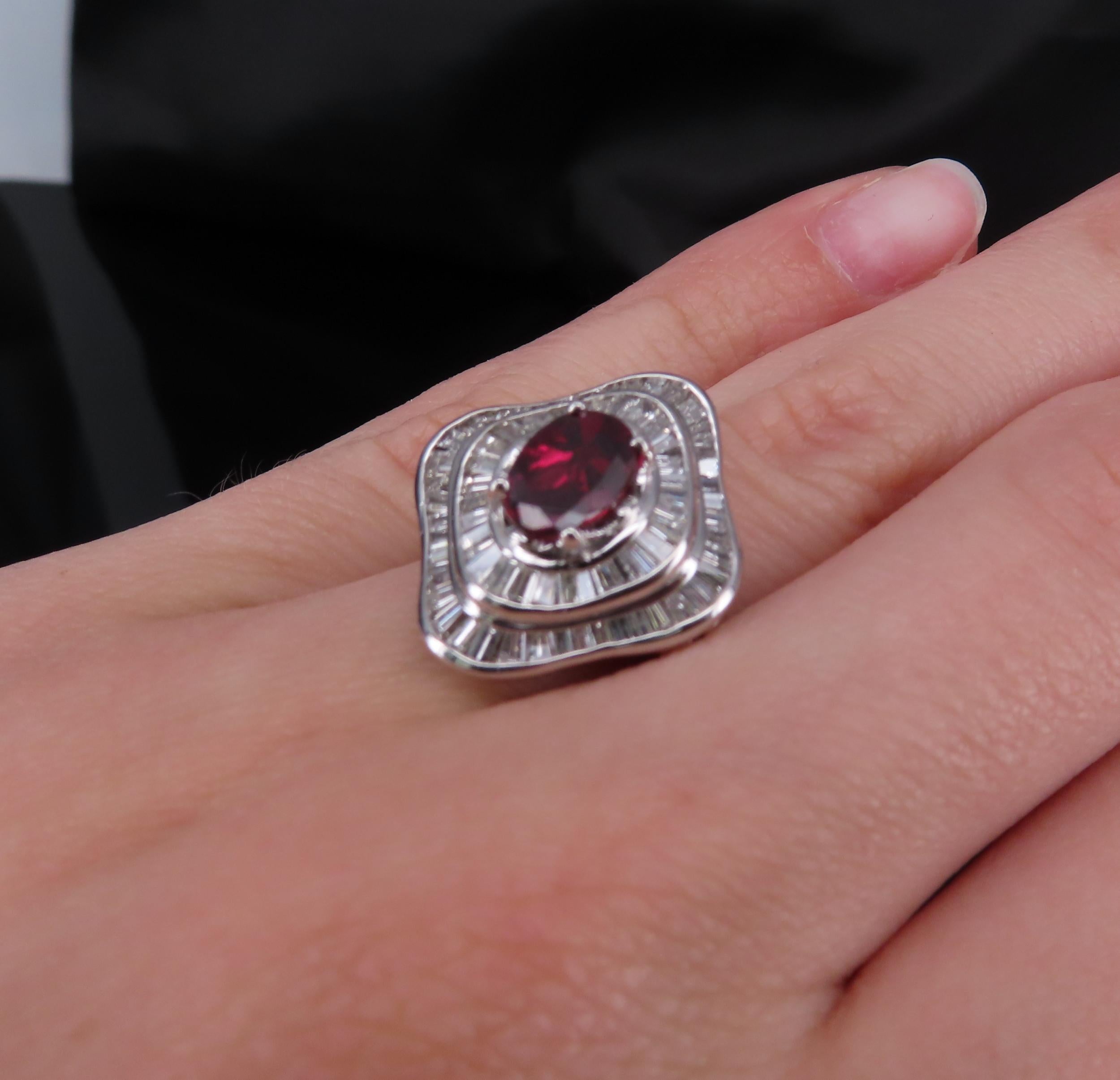 1.38ct GIA Thai No Heat Ruby & 1.43ct Diamond Platinum Cocktail Ring, Size 6.5