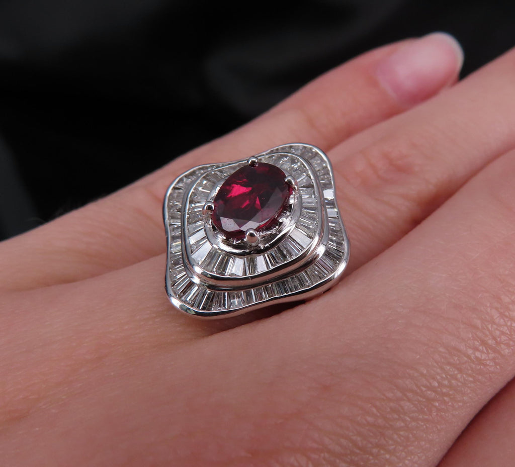 1.38ct GIA Thai No Heat Ruby & 1.43ct Diamond Platinum Cocktail Ring, Size 6.5