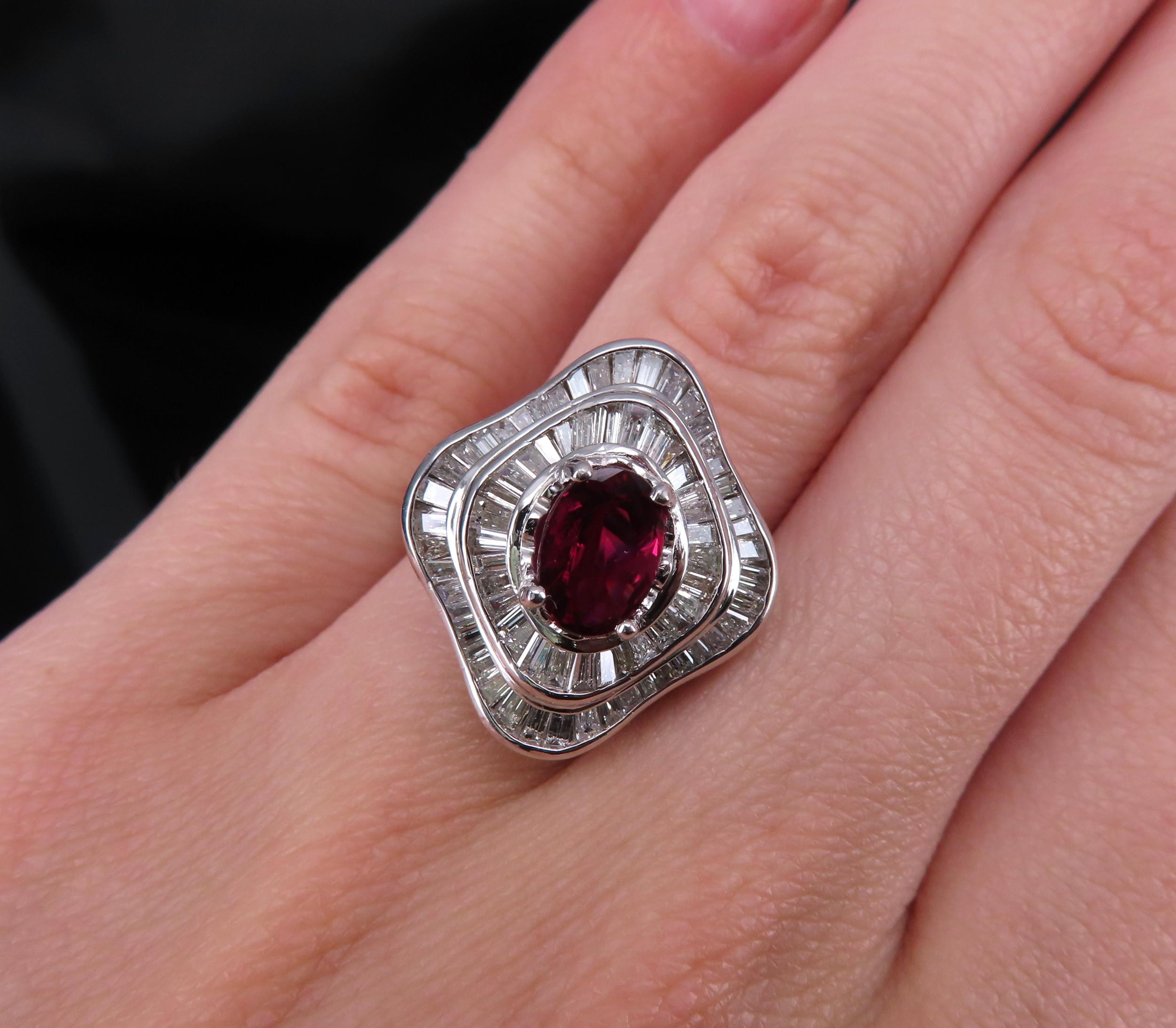 1.38ct GIA Thai No Heat Ruby & 1.43ct Diamond Platinum Cocktail Ring, Size 6.5