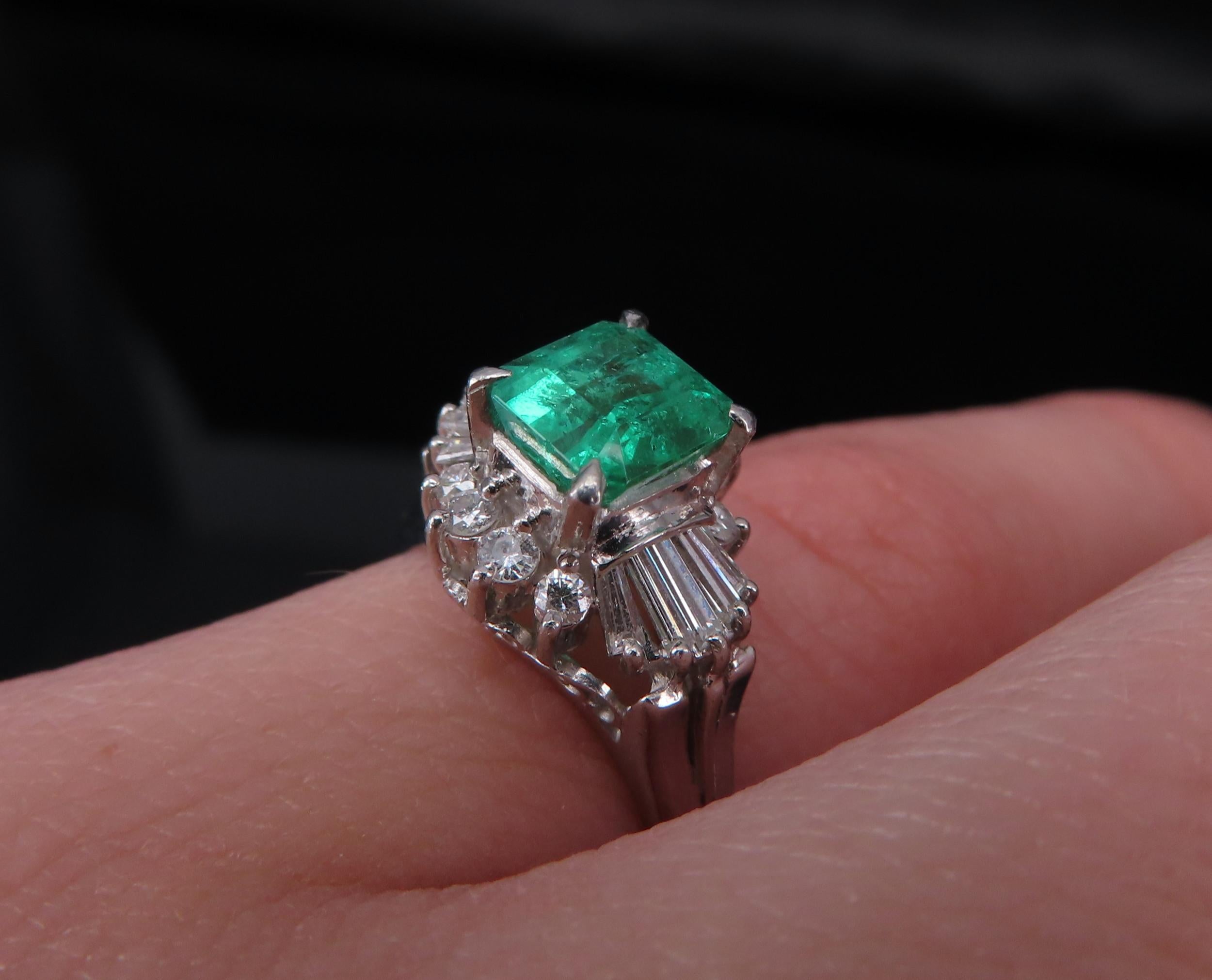 Vintage 0.90ct Colombian Emerald & 0.37ct Diamond Platinum Ring, Size 3.75