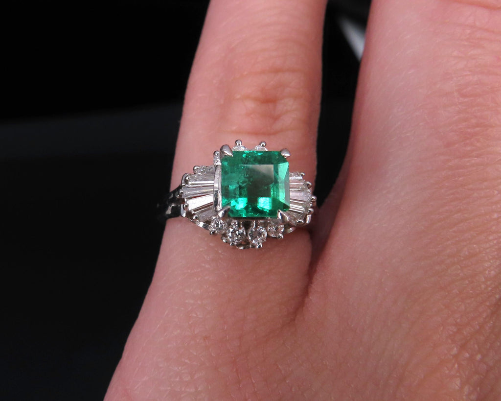 Vintage 0.90ct Colombian Emerald & 0.37ct Diamond Platinum Ring, Size 3.75